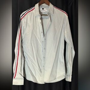 Topman Medium Light Blue Muscle Shirt with Red, White and Blue Stripes